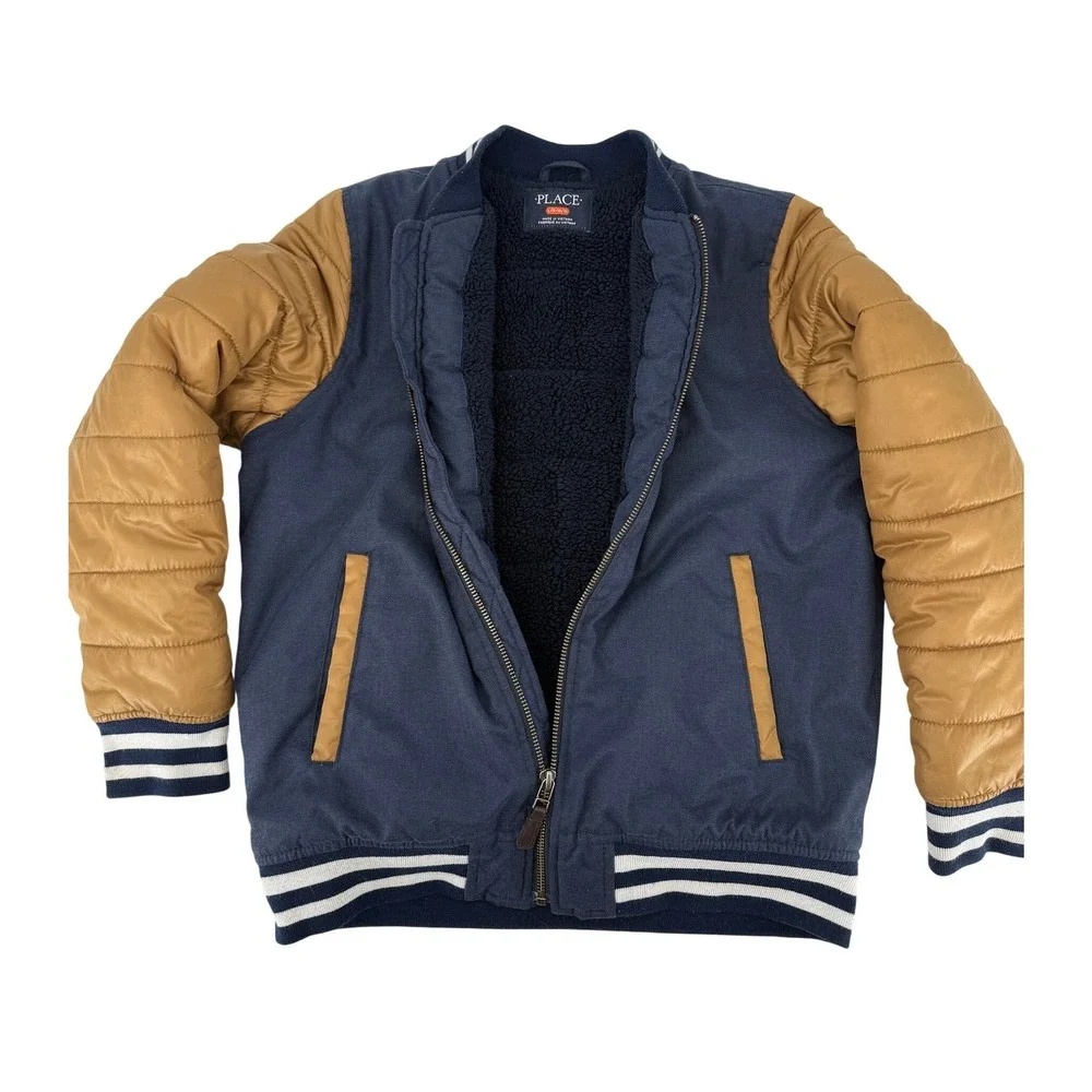 The Childrens Place Boys Varsity Bomber‎ Jacket Navy Tan Collegiant, Letterman